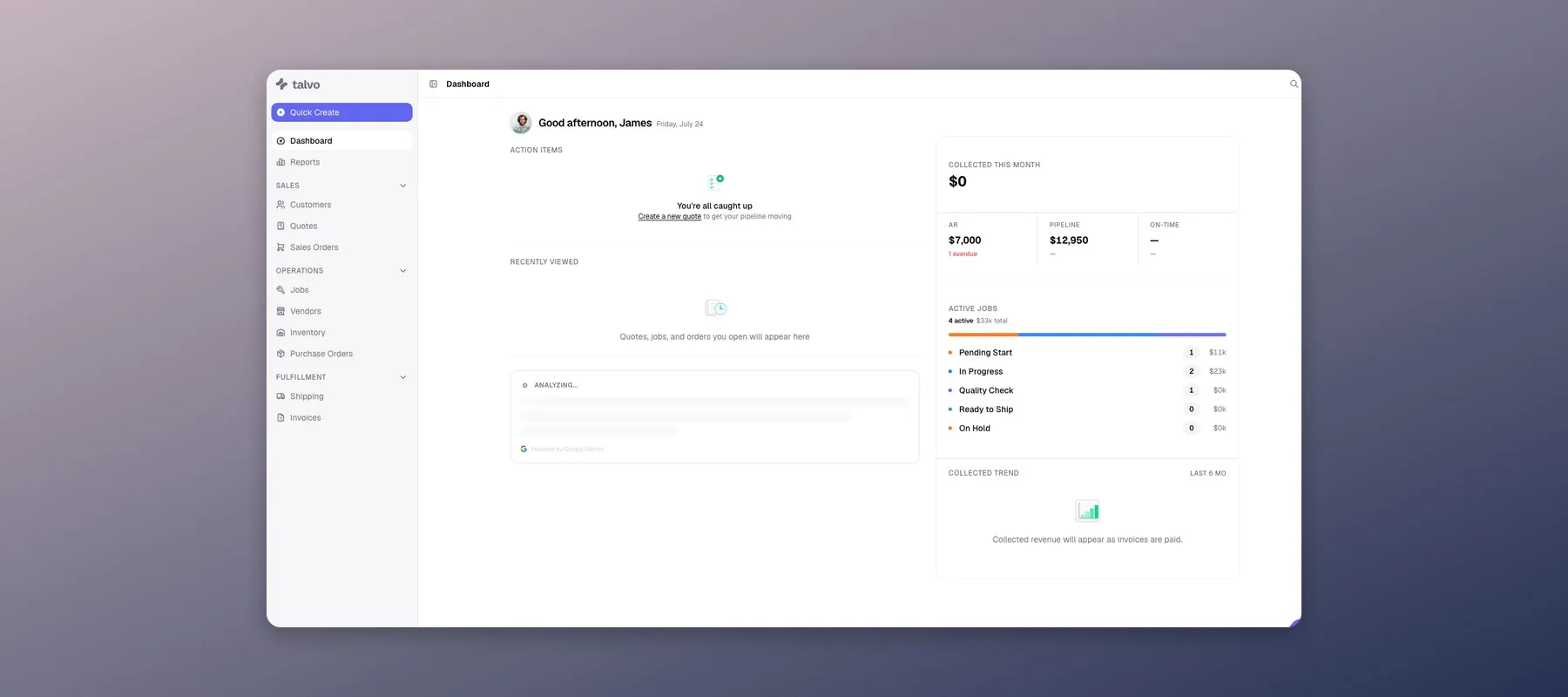 Talvo dashboard showing job status, quotes, and revenue